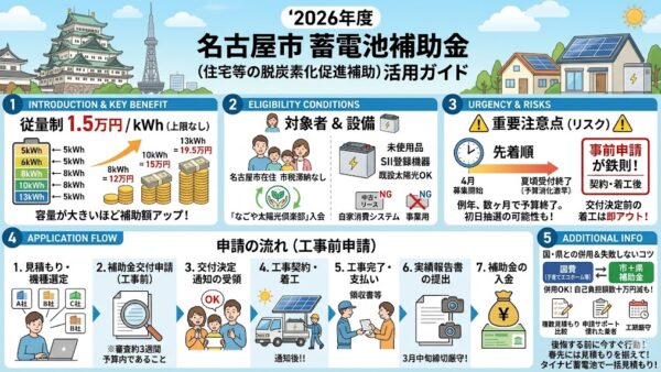 【2026年最新】名古屋市の蓄電池補助金はいくら？対象条件・申請期間・注意点をわかりやすく解説