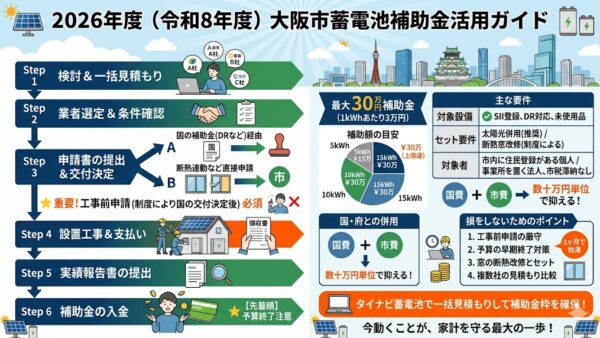 【2026年最新】大阪市の蓄電池補助金はいくら？対象条件・申請期間・注意点をわかりやすく解説